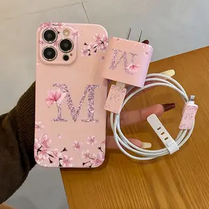 Flower Letter M Phone Case Set, Includes Charger Cover & Cable Protector, Anti-Drop Tpu Shell for iPhone Models, Perfect Gift
