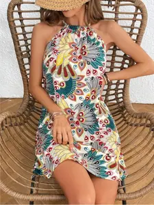 Women's Peacock Feather Print Dress, Sleeveless Backless Design, Perfect for Casual Vacation & Beachwear, Stylish Summer