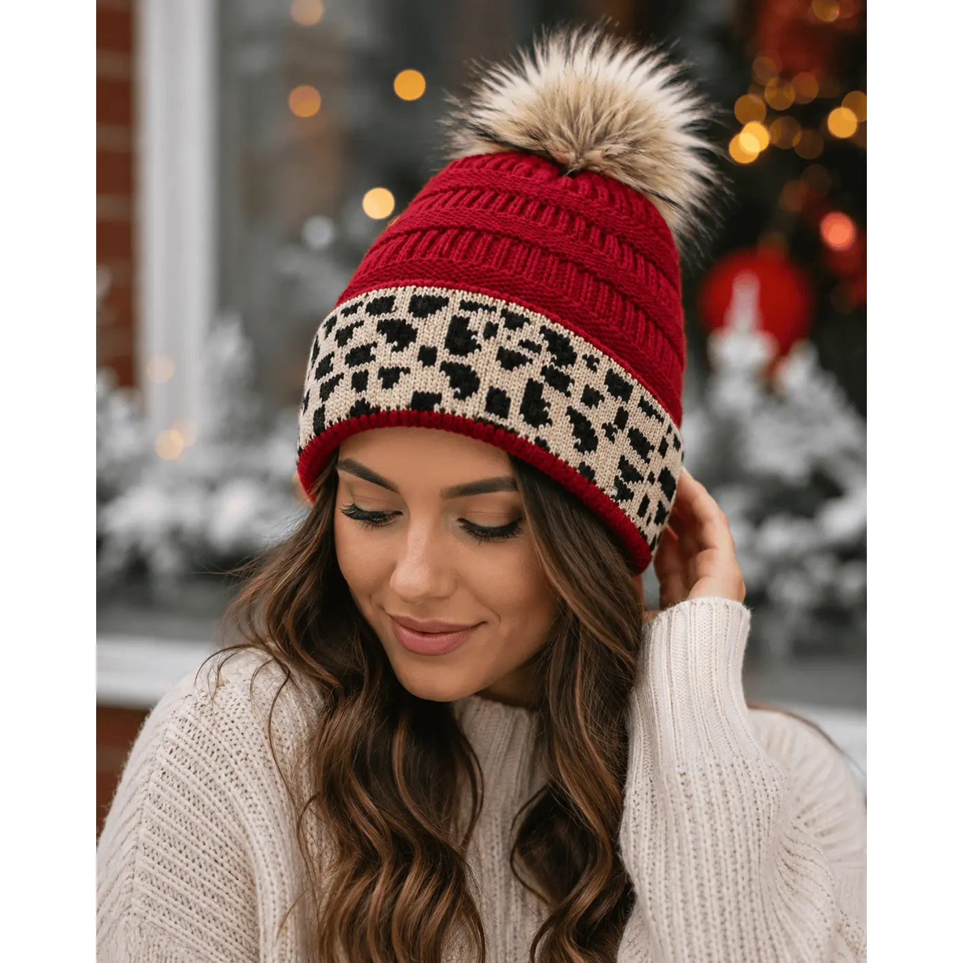 Cheetah Red Pom Pom Beanie