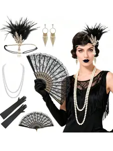 Vintage 1920s Party Decor Set, Dove Hairband, Pearl Necklace, Long Gloves, Lace Fan, Earrings, Women's Fashion Accessories, Valentine's Day