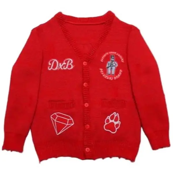 Deluxuri Red Knit Cardigan with Distressed Design, Long Sleeve, and Patch Engravings for comfort- Tops, Knitting, Knitwear,