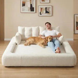 Human Dog Bed, 78.7" 3-in-1 Foldable Floor Sofa Couch, Convertible Teddy Fabric Foam Sleeper Bed with Headrest & Pillows, Lazy Sofa for Living Room, Guest Room & Playroom (Beige)