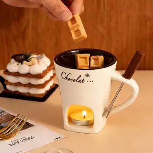 150ML/5 OZ Ceramic Chocolate Fondue Mug with Fork Personal Melting Cup for Chocolate Cheese Ice Cream Heat Resistant Handle Microwave & Candle Safe Novelty Coffee Mug for Date Night Home Kitchen