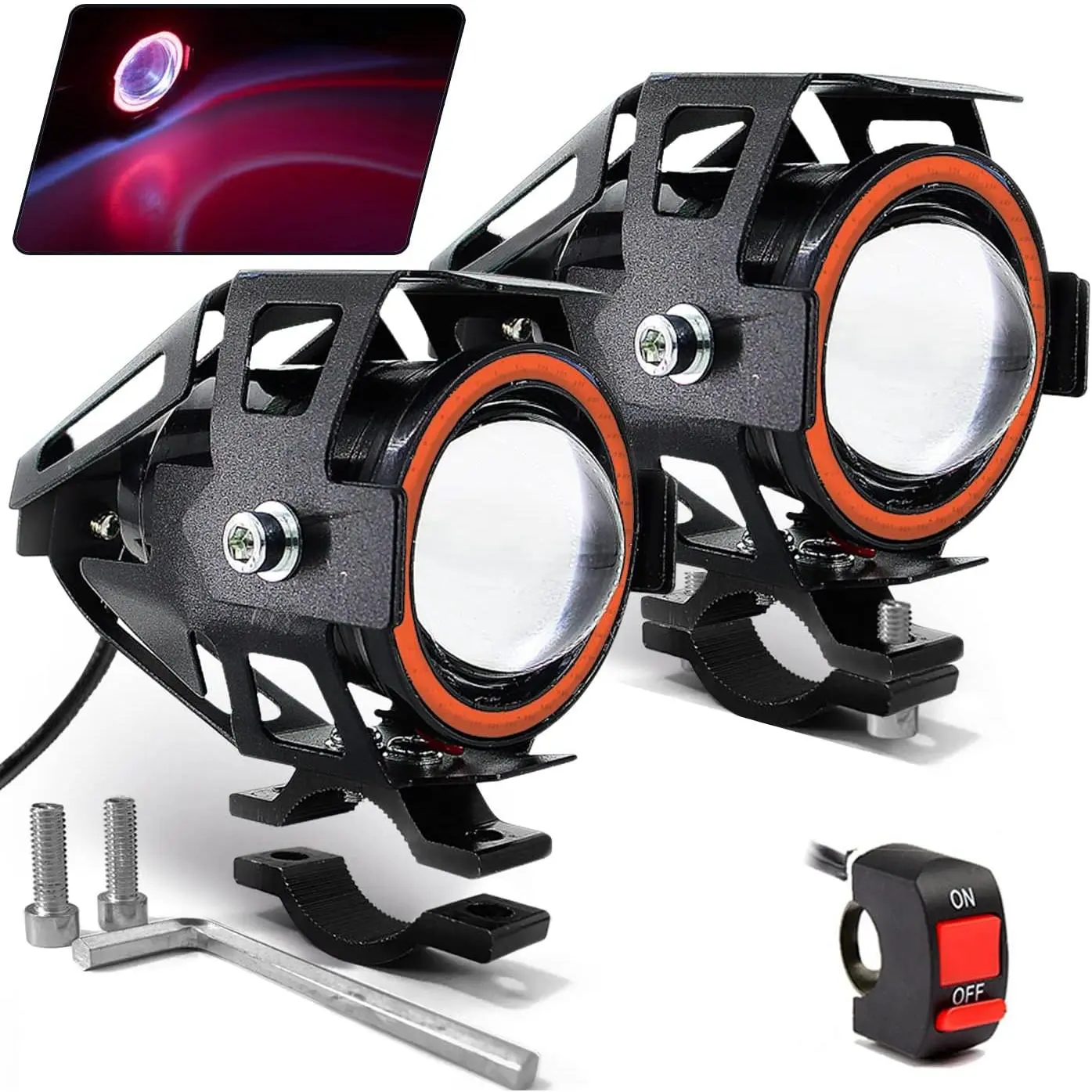 2-Set Motorcycle LED Fog Lights - High Lumen Headlight, U7 Spotlights, Red Angel Eyes Halo Rings, ON/Off Toggle Switch, Daytime Running Lights, 12V-80V DC, Car-Compatible Strobe Mode, Multifunctional, Waterproof, Easy Install, Led Lights