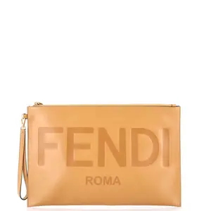 Pre-owned FENDI Leather Clutches & Wristlets Logo Flat Wristlet Pouch Embossed Large by Rebag
