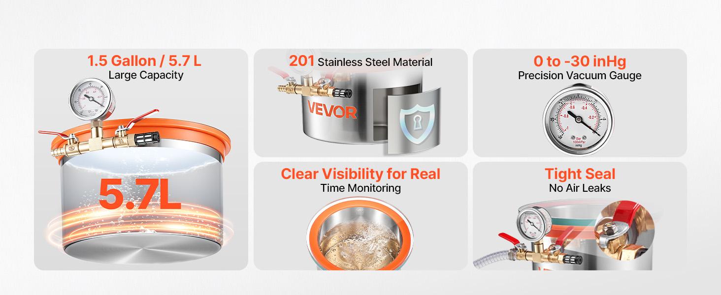 【fathersdaygift】VEVOR 1.5 Gallon Vacuum Chamber, Stainless Steel, Vacuum Degassing Chamber with Tempered Glass Lid, Hose, Air Filter, for Resin Casting, Stabilizing Wood, Degassing Silicone, Epoxies, Essential Oils 【fathersdaygift】VEVOR 1.5 Gallon Vacuum Chamber, Stainless Steel, Vacuum Degassing Chamber with Tempered Glass Lid, Hose, Air Filter, for Resin Casting, Stabilizing Wood, Degassing Silicone, Epoxies, Essential Oils