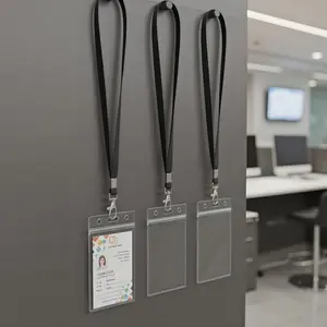 Vertical Clear ID Card Holder with Durable Woven Lanyard Neck Strap Waterproof Badge Protector