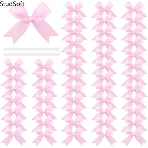 50 Pack Pink Satin Ribbon Bows, Self-Adhesive Mini Gift Bows Set for DIY Crafts Gift Wrapping