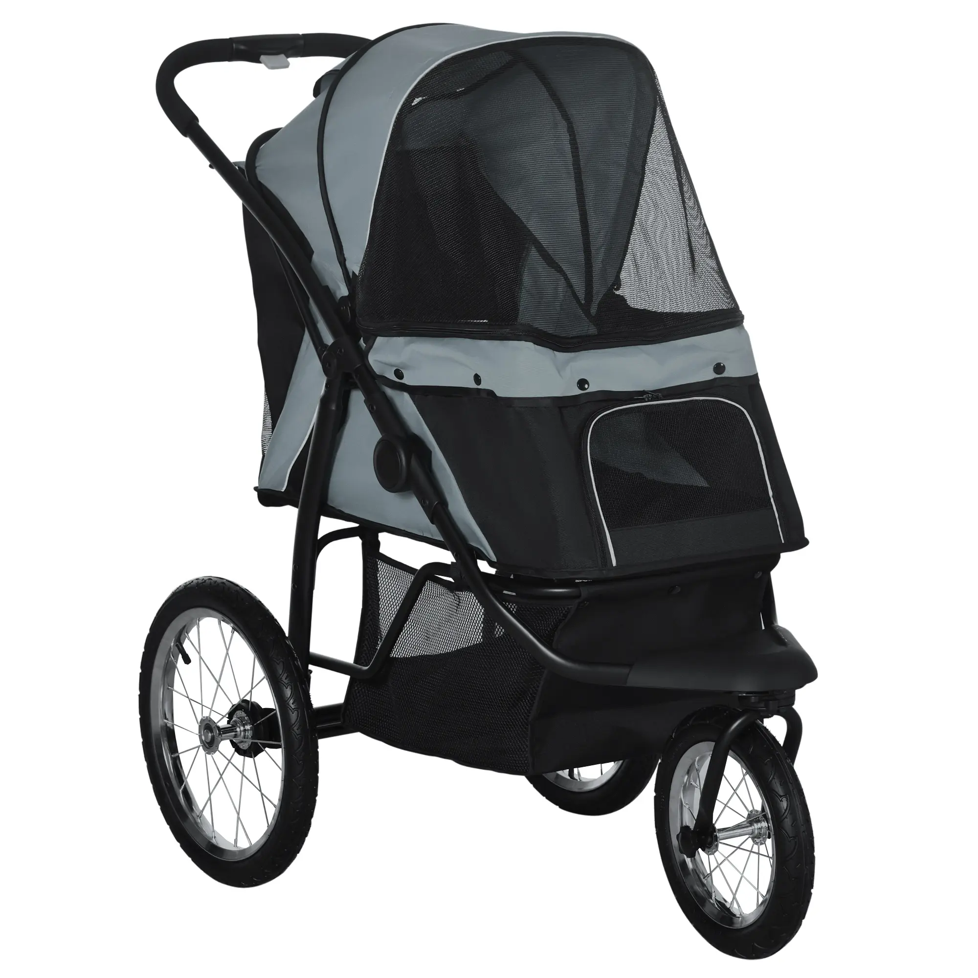 Hardware PawHut Pet Stroller for Small and Medium Dogs, 3 Big Wheels Foldable Cat Stroller with Adjustable Canopy, Safety Tether, Storage Basket, Gray