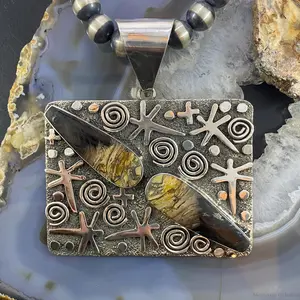 Alex Sanchez Native American Sterling Silver Teardrop Plum Root Jasper Rectangle Petroglyph Pendant