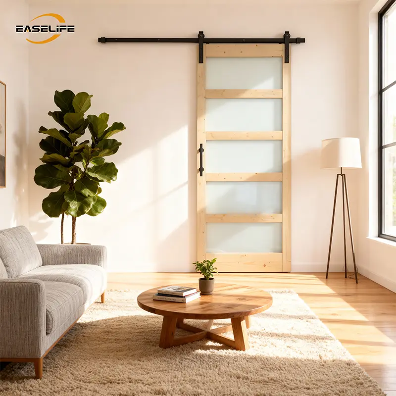 Easelife Sliding Barn Door Light Wood Frame with 5 Frosted Glass Panels Matte Black Track for Modern Homes International Warranty