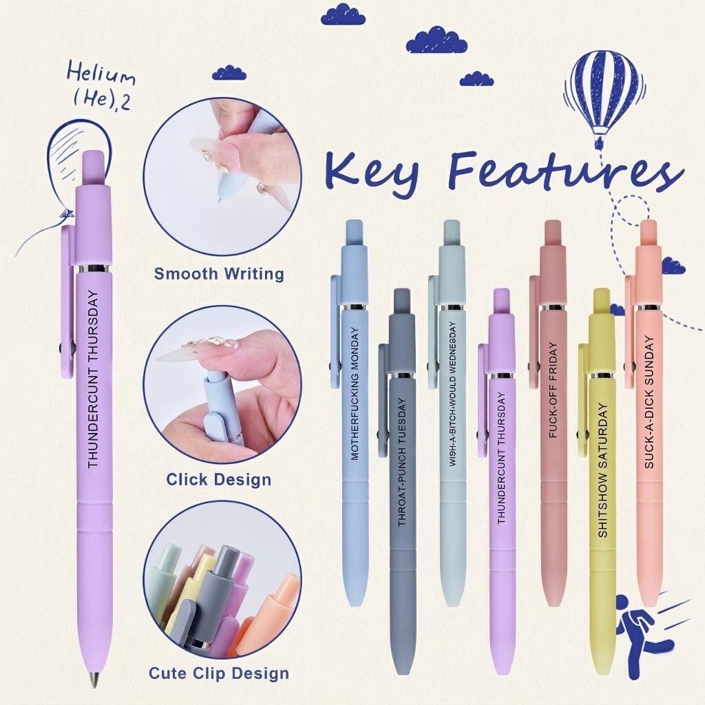 Sarcastic Daily Quote Pens (Set of 7) | Smooth Rainbow Gel Ink, Quick-Drying Novelty Pens for Office Decor & Gifts