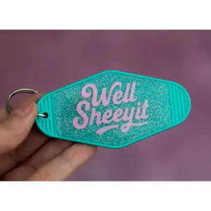 Well Sheeyit • Turquoise Glitter Motel Keychain • Handmade Resin Accessory • 3.5"