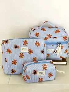 Cute Cartoon Bear Pattern Makeup Bag Set, 3 Counts Portable Cosmetic Organizer Pouch, Zipper Makeup Bag, Handheld Cosmetic Pouch, Versatile Storage Bag for Travel, Vacation and School Use