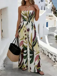 Saint Tropez Vacation Halter Jumpsuit, Plant Print Wide Leg Pants with Pockets, Mediterranean Travel, Beach Photoshoot, Summer Party
