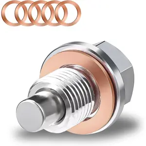 M16 x 1.5 Magnetic Oil Drain Pan Plug, Oil Pan Drain Plug Nut Bolt with 5 PCS Copper Crush Washer Gasket, Universal Engine Stainless Steel Oils Change Kit Leak-Proof Replacement for Most Vehicle