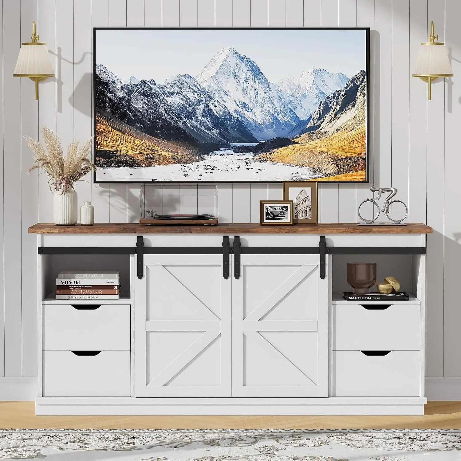 Furmax 58" Rustic Farmhouse TV Stand for 65 Inch TV, Media Console Table with Sliding Barn Doors & 4 Storage Drawers, Media Entertainment Center for Living Room, Noise Reduction & Easy Assembly, Milk White