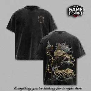 Elden Ring Radagon Graphic Tee Vintage Washed Oversized Heavyweight T Shirt | Dark Fantasy Soulslike Game Streetwear Shirt | Lightning Warrior Large Back Print Graphic Tee | Heavy Cotton Unisex | Gamer Outfit Streetwear | Gift For Elden Ring Fans