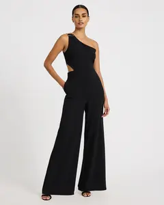 Express Crepe One Shoulder Gold Hardware Cutout Jumpsuit with Pockets