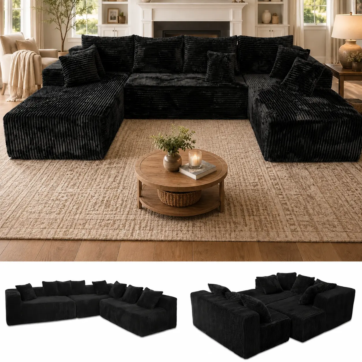 【3 Packages Shipping】133" Modular U-Shape Sectional Couch, Boneless Couches for Living Room with Deep Seat, Modern Minimalist Upholstered Couches with Chaise, No Assembly Required, Black Corduroy Fabric Sofa. cloud