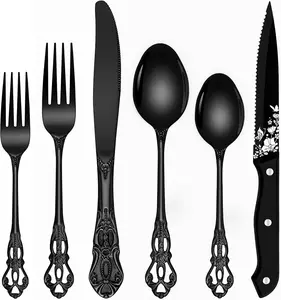 Ollex 8-Person Retro Black Flatware Set-Complete with Dinner Knives,Forks,Spoons,Salad Forks&Steak Knives | Dishwasher-Safe Stainless Steel Cutlery