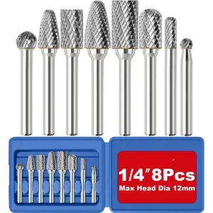 8 count Carbide Burr Set 1/4 Shank w/Blue Flat Box Max  Dia 12mm   Bits Rotary Tools Attachment Kit Accessories Metal  Stone Steel Grinding Deburring  Porting Carving