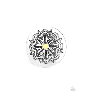 Carved Coachella - Yellow Bead Silver Ring - Paparazzi