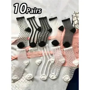 Women's Plaid Print Sheer Mid-calf Socks, Fashion Casual Comfy Breathable Socks for Daily Outdoor Wear, Women Socks for All Seasons, Breathable Fabric Socks, Socks Set