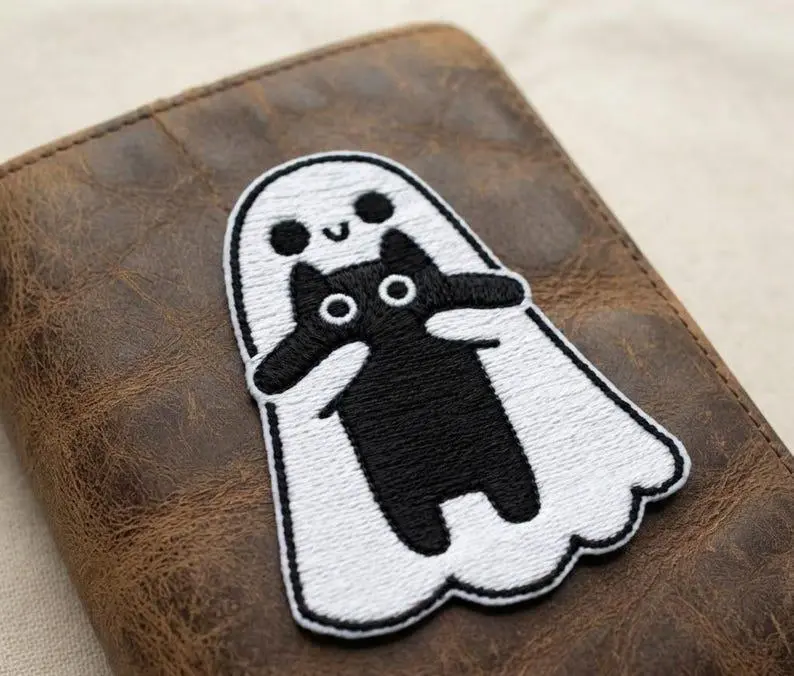 Ghost Hugging Cat Embroidered Patch, Kawaii Halloween Badge, Gothic Pet Lover Gift