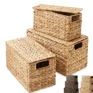 3-Piece Hyacinth Nesting Basket Set, Stacking Storage Wicker Bins with Lids