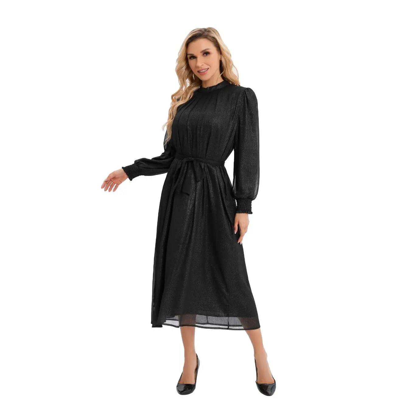 Shimmering Belted Chiffon Long Sleeve Midi Dress - TikTok Shop