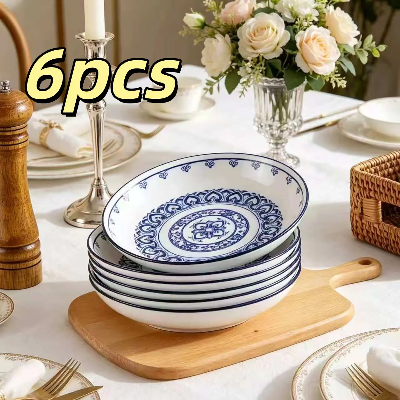 6-Piece 7.87in TikTok Viral Blue and White Vintage Ceramic Dinner Plates Set - Sturdy, Lead-Free, Scratch-Resistant, Microwave & Dishwasher Safe Porcelain Tableware for Adult Family Daily Meals, Garden Plants-Themed Gatherings