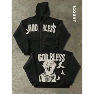 Men’s hooded sweatshirt with letter print and “God Bless” prayer hand design, street style, autumn and winter fashion, outdoor casual wear GARMENTARY