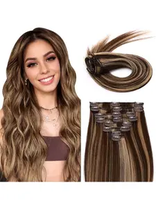 4/27# Hair Extensions Real Human Hair Chocolate Brown to Caramel Blonde Clip in Brazilian Remy Human Hair Extensions 8pcs Per Set with 18 Clips Double Weft Hairpieces