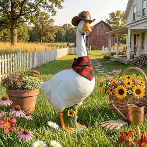 23" Large Adjustable Porch Goose Statue –  Realistic Hollow Resin Garden Goose with Removable Denim Hat & Bandana, Stone-Look Base, Sand-Fillable Design for Outdoor Stability