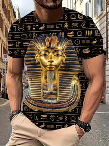 Men'S  Size  Egyptian Pharaoh Graphic T-Shirt - Short Sleeve Casual Tee with Vibrant Hieroglyphic Print, Machine Washable, Crew Neck, Regular Fit for Casual Attire,