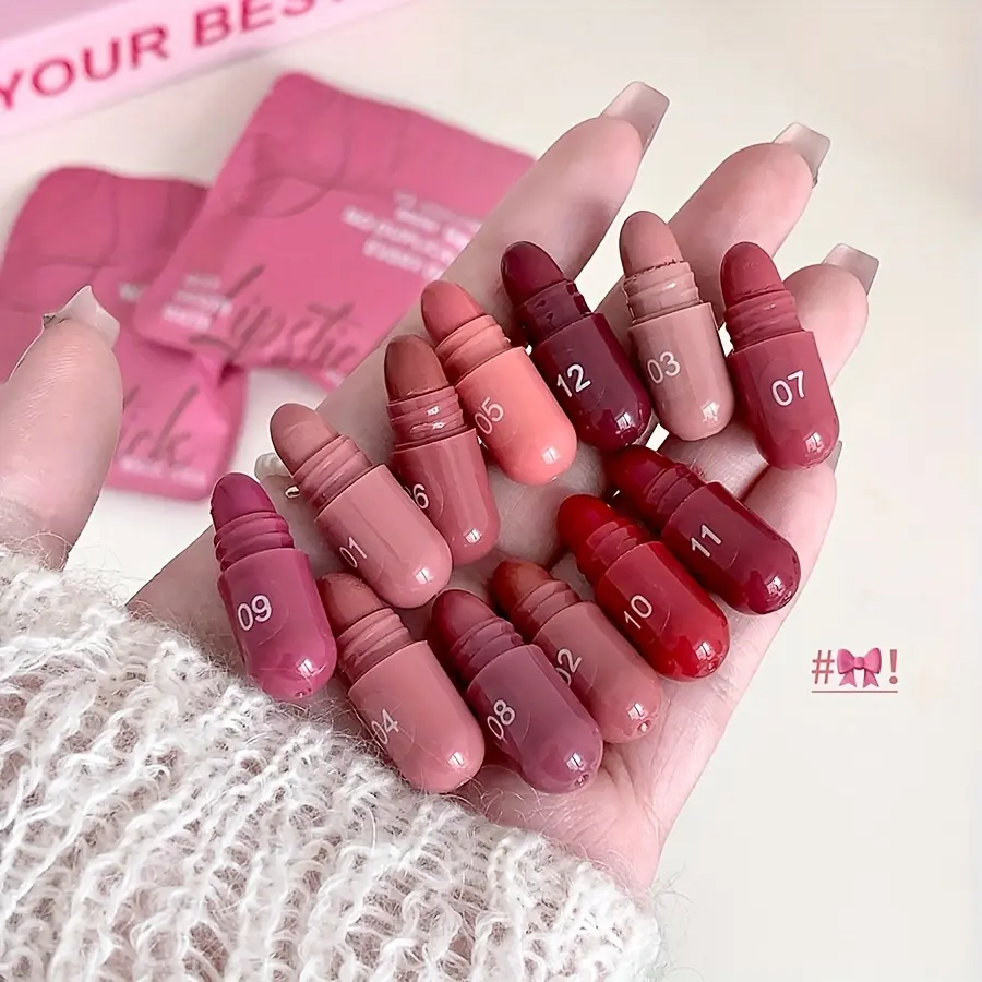 12 Matte Natural Lipstick Set - Capsule Lip Glaze, Rich Smooth and Silky Pink, Red and Brown Lip Colors, Mini Cute Design, Easy to Color, Long-lasting and Non-fading, Makeup Holiday Gift Nourishing Lipstick Set Cosmetic Lip Essentials Lip Products
