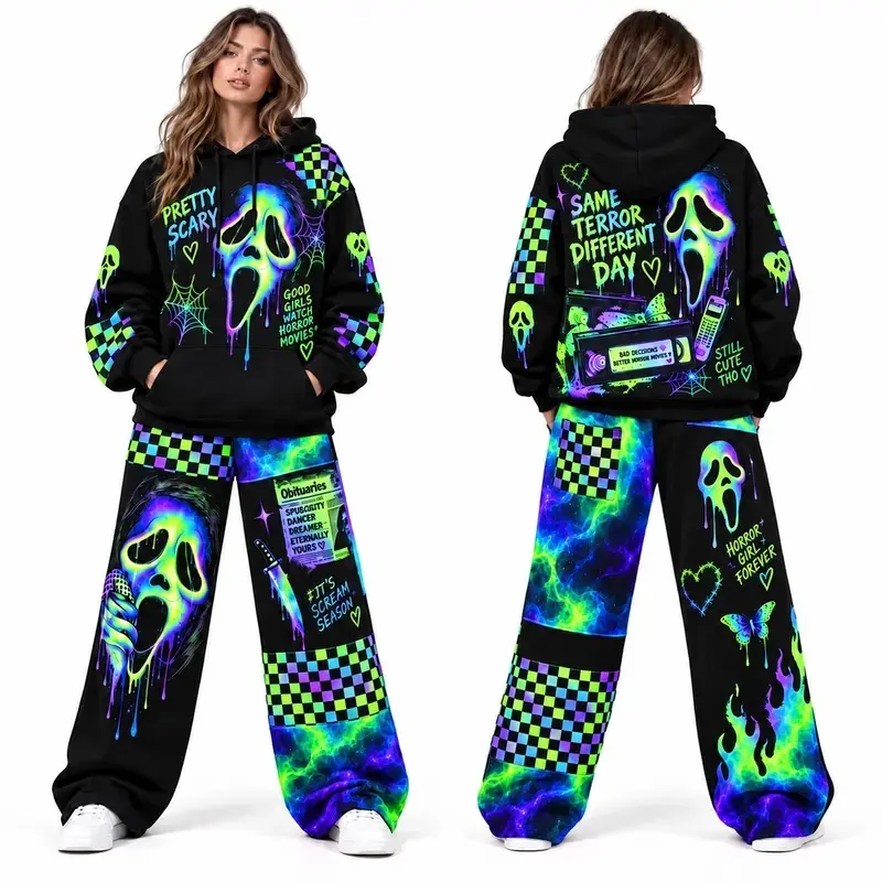 Ghostface Halloween Hoodie and Sweatpants Set, Oversized Horror Graphic Tracksuit, Unisex Spooky Streetwear Outfit