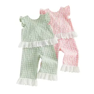 Toddler Baby Little Girls Summer Outfits Backless Bow Plaid Print Vest Tops and Elastic Waist Pants Set 0-3 Years