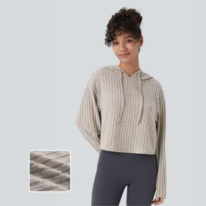 Halara Ribbed Knit Hooded Drawstring Relax Casual Sweatshirt