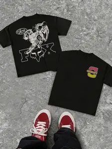 Men’s Black Retro 1967 Fox Motorcycle Graphic Tee, Vintage Biker Style Top for Street Fashion, Motorcycle Enthusiasts and Young Adults