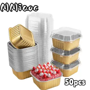 50-Piece Mini Square Aluminum Foil Bakeware Set, 5oz/150ml Disposable Baking Cups with Lids, Heat-Resistant Containers for Cakes, Chocolates, Ideal for Commercial Packaging summerwins