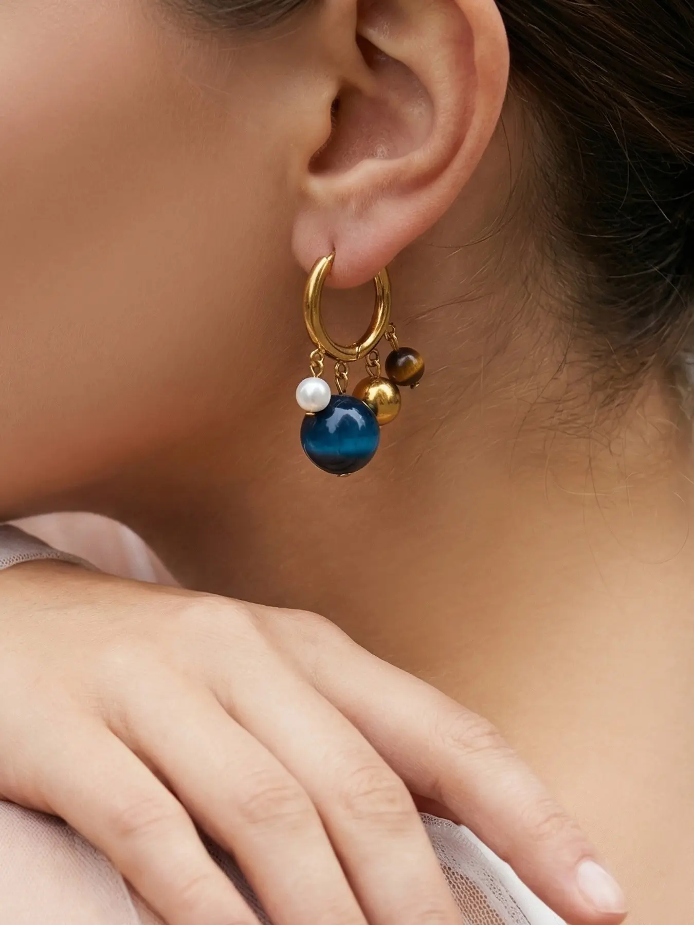 French Luxury Blue Tiger Eye Earrings, Vintage Colorblock Design, Elegant and High-End Accessory, Perfect for Any Occasion, Vintage Statement Earrings