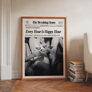 Every Hour Is Happy Hour News Print Newspaper Posters Bar Cart Decor Kitchen Prints (Unframed) Apartment Wall Art Gallery Wall Black White