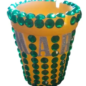 Unique Hand Design Smokeless Ashtray Cup- Green Beads, Yellow Base, Decorative Design, Unique Handcrafted Look