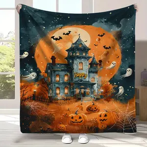 Cozy Halloween Flannel Throw Blanket - Vintage Haunted House Design, Soft & Warm for Couch, Bed, Travel - All-Season Comfort, Machine Washable, for Halloween, Autumn