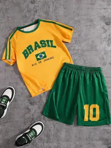 Brazil Team No. 10 Boys' Sports Set, Summer Vitality Short Sleeve Shorts Two-Piece Fan Style, Casual All Seasons Wear, Football Uniform, Sports Clothing, Football Kits