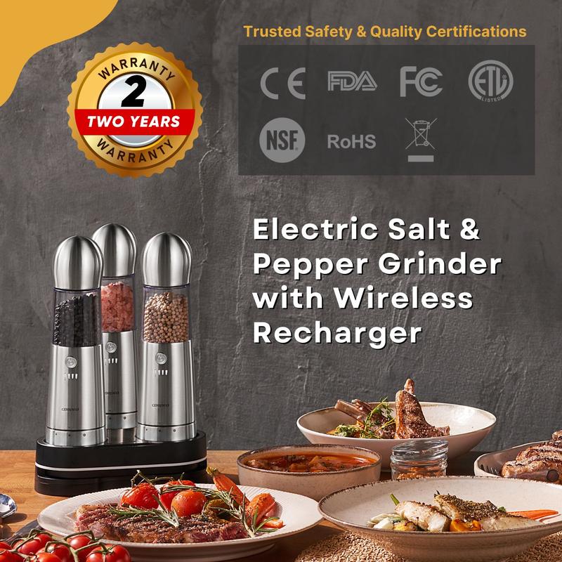 [Large Capacity and Stainless-Steel ]  Electric Salt and Pepper Grinder Set of 3 with Wireless Charging,Stainless-Steel ,3.2oz Larger Rechargeable Automatic, One Hand Button Use, Adjustable Coarseness, Easy Clean, parents Gift