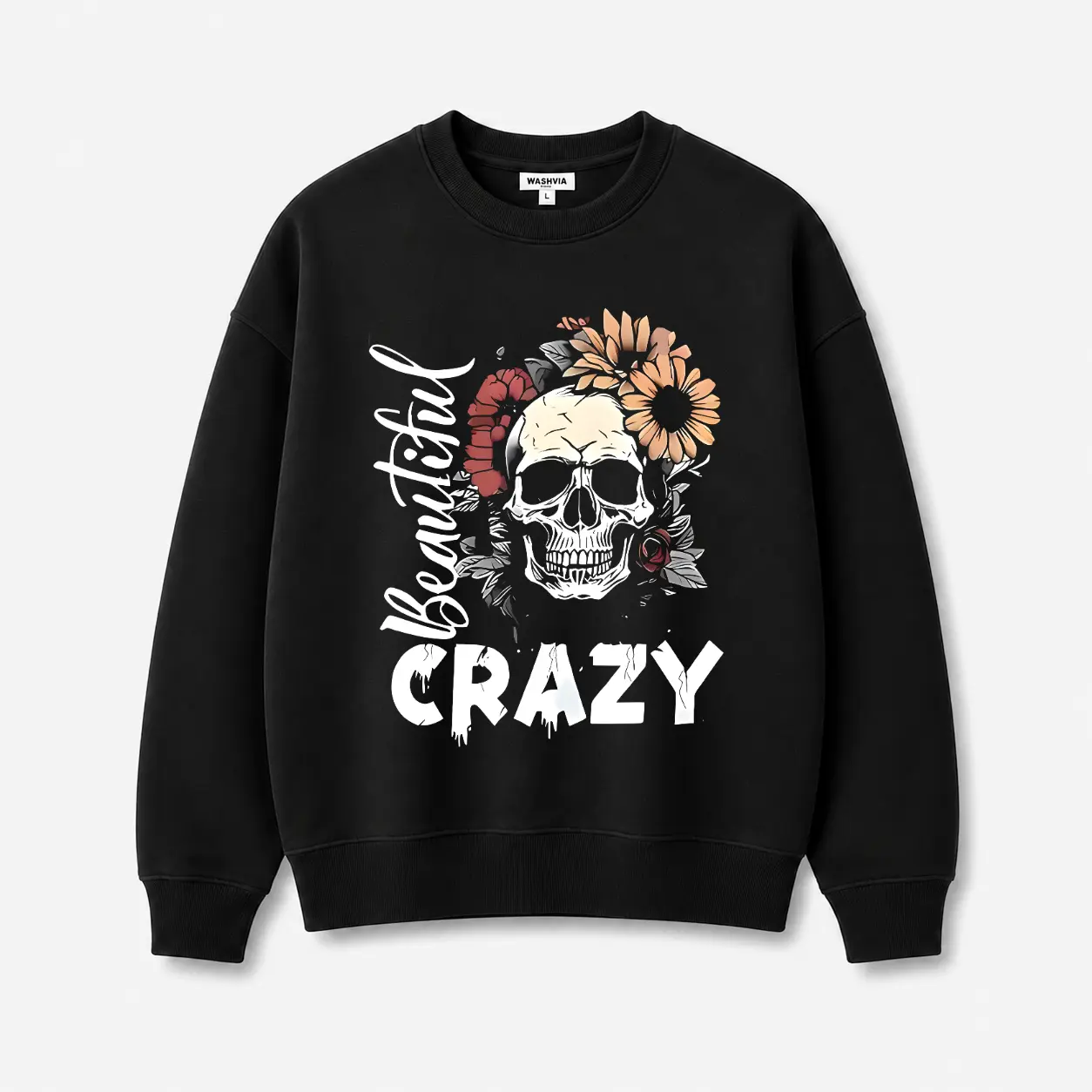 Black Crewneck Sweatshirt with Skull and Floral Design, 'Beautiful Crazy' Typography, Trendy Gothic Boho Pullover, Casual Streetwear for Women, Unique Floral Skull Graphic Top for Everyday Wear