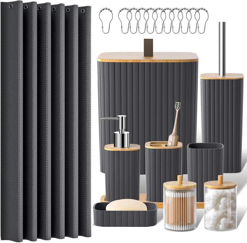Black Ribbed Bathroom Accessory Set (10 Pieces) with Wood Detail, Water-Resistant Modern Bathroom Decor